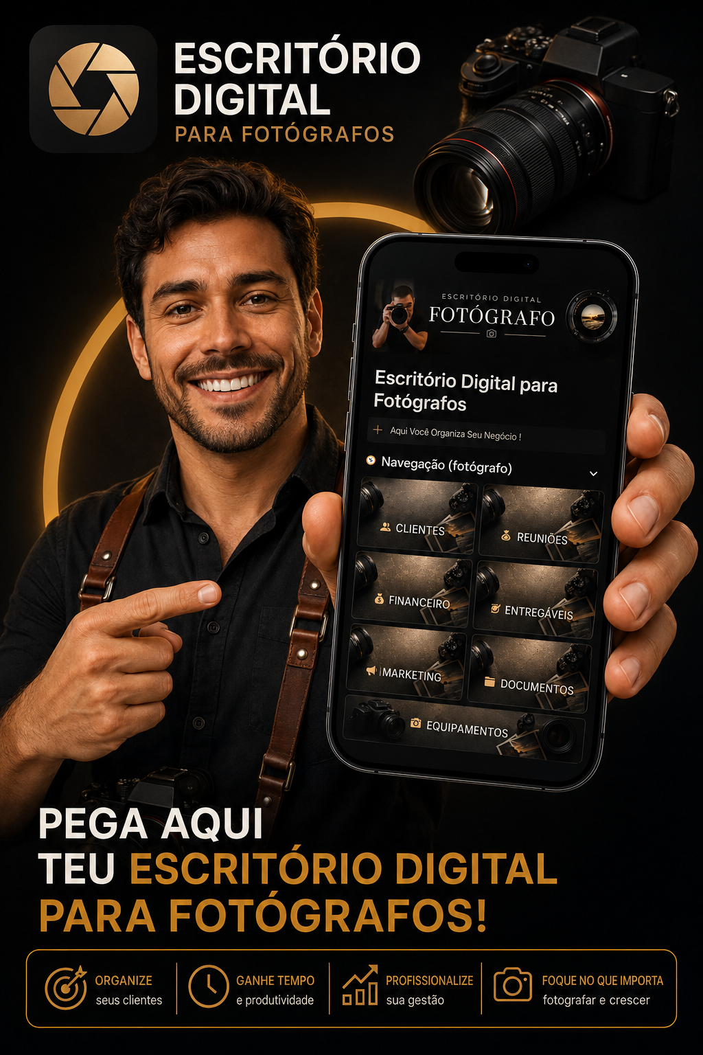 Fotógrafo segurando um celular e apresentando a interface do Escritório Digital para Fotógrafos
