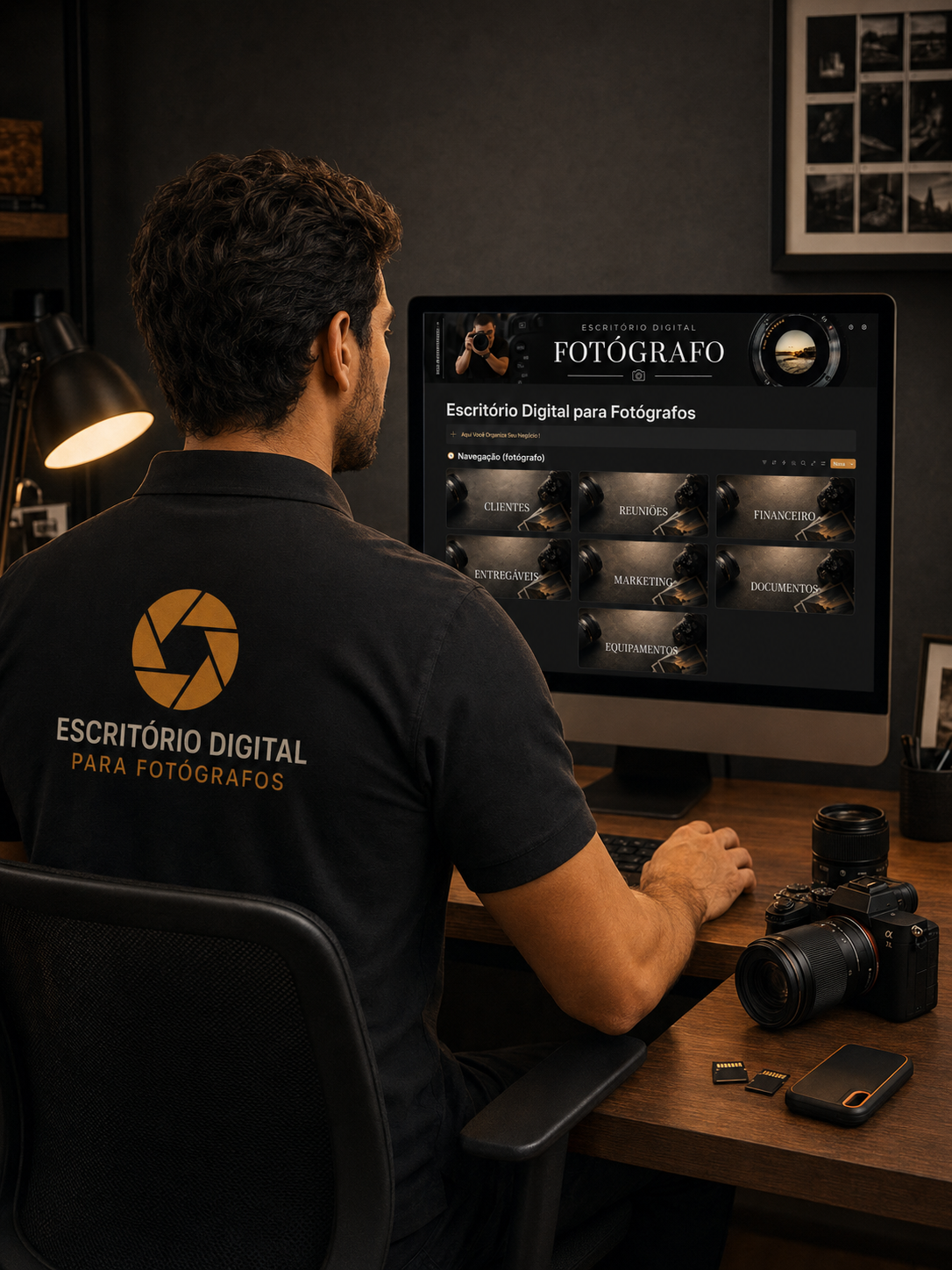 Fotógrafo utilizando os módulos do Escritório Digital para Fotógrafos no computador